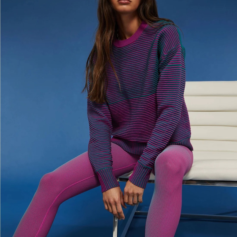 Striped Purple and Blue Sweater with Pink Leggings